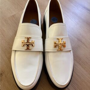 Tory Burch Ivory Loafers with Gold Emblem